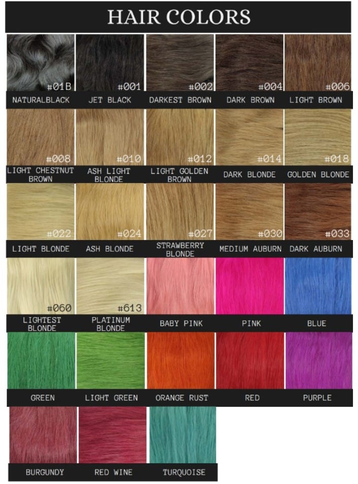 Juttu Extensions® hair colour chart showing 28 shades with their codes